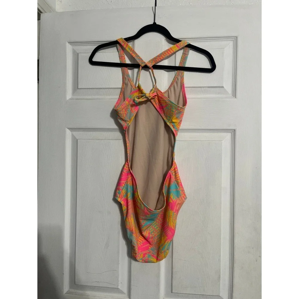 Art Class Girls Tropical Palm Print One Piece Swimsuit Neon Pink Blue XL 14